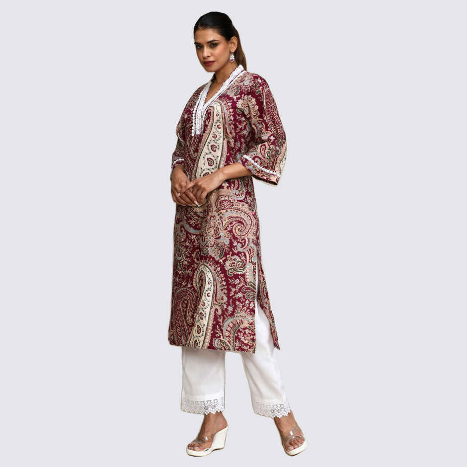 Varanga Women's Paisley Printed Three Quarter Sleeve Kurta | Maroon - 2XL