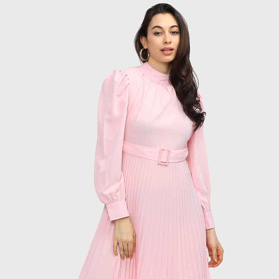 Tokyo Talkies Women's Solid High Neck Fit and Flare Dress | Pink - L