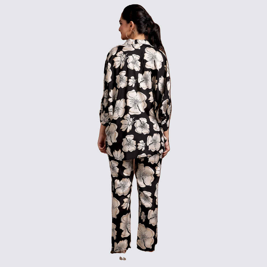 Libas Women's Printed Silk Blend Co-Ords Set | Black - M