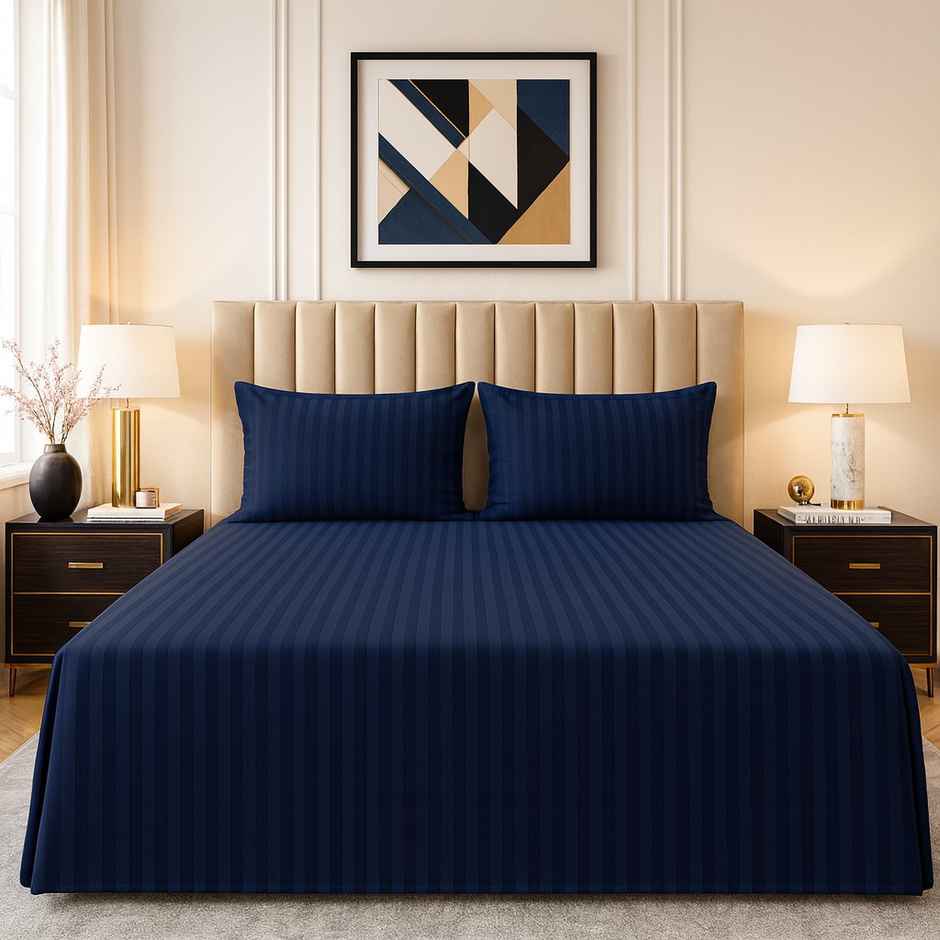 Elegant Weavers Double Ployester Striped Bedsheet | 2 Pillow Covers | Blue