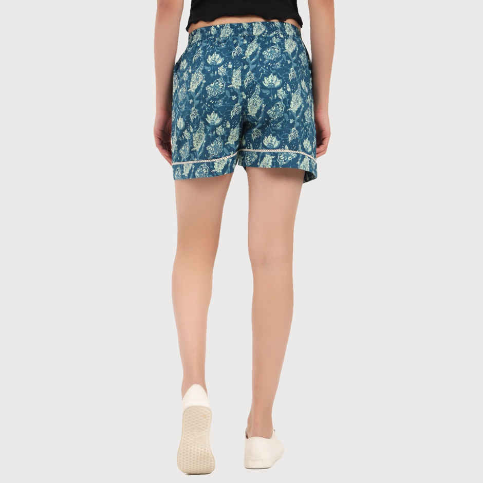 Divena Green Ethnic Motif Print Cotton Shorts for Women | DK0261 - M