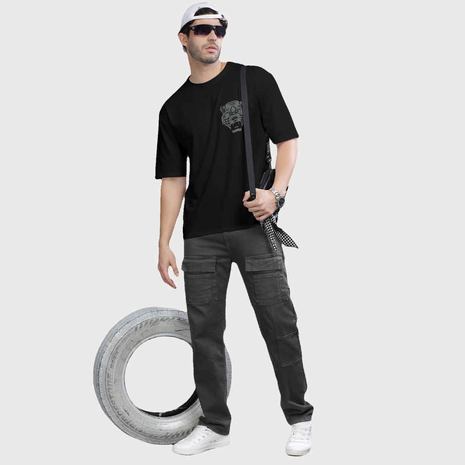 Bullmer Men's Oversized T-shirt Front and Back Printed | Black | L