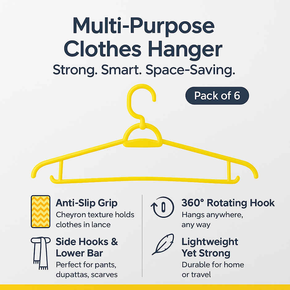 Sinco Elita Plastic Cloth Hanger Rotating Hook - Pack of 6 pcs - Yellow