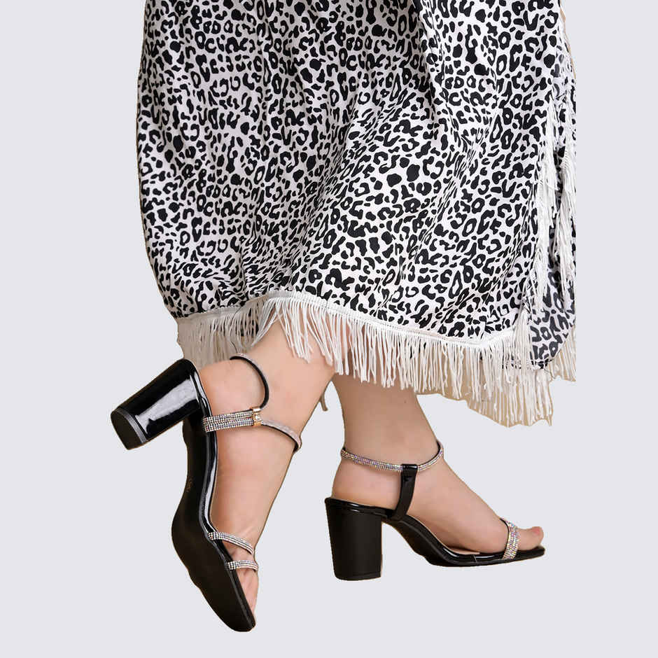 Shoetopia Women's Embellished Rhinestones Strap Heels | Heel-1246 | Black - UK 3