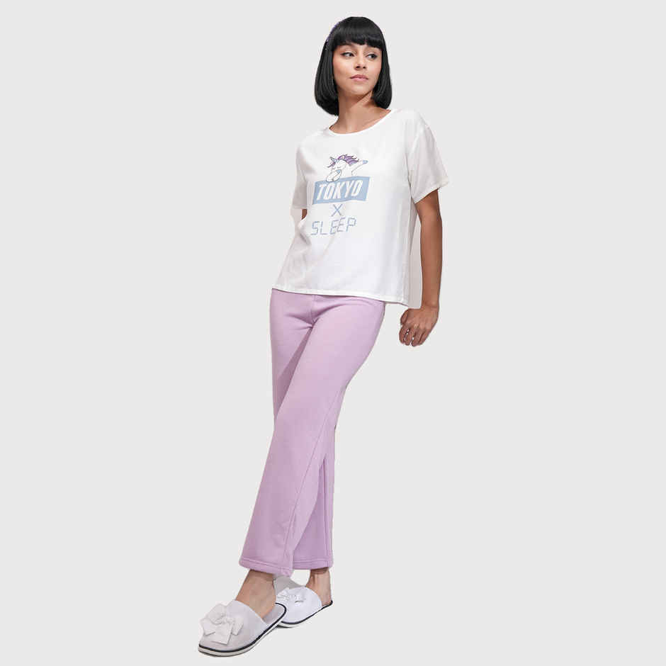 Tokyo Talkies Women's Graphic Printed Round Neck T-Shirt | White and Light Blue - S