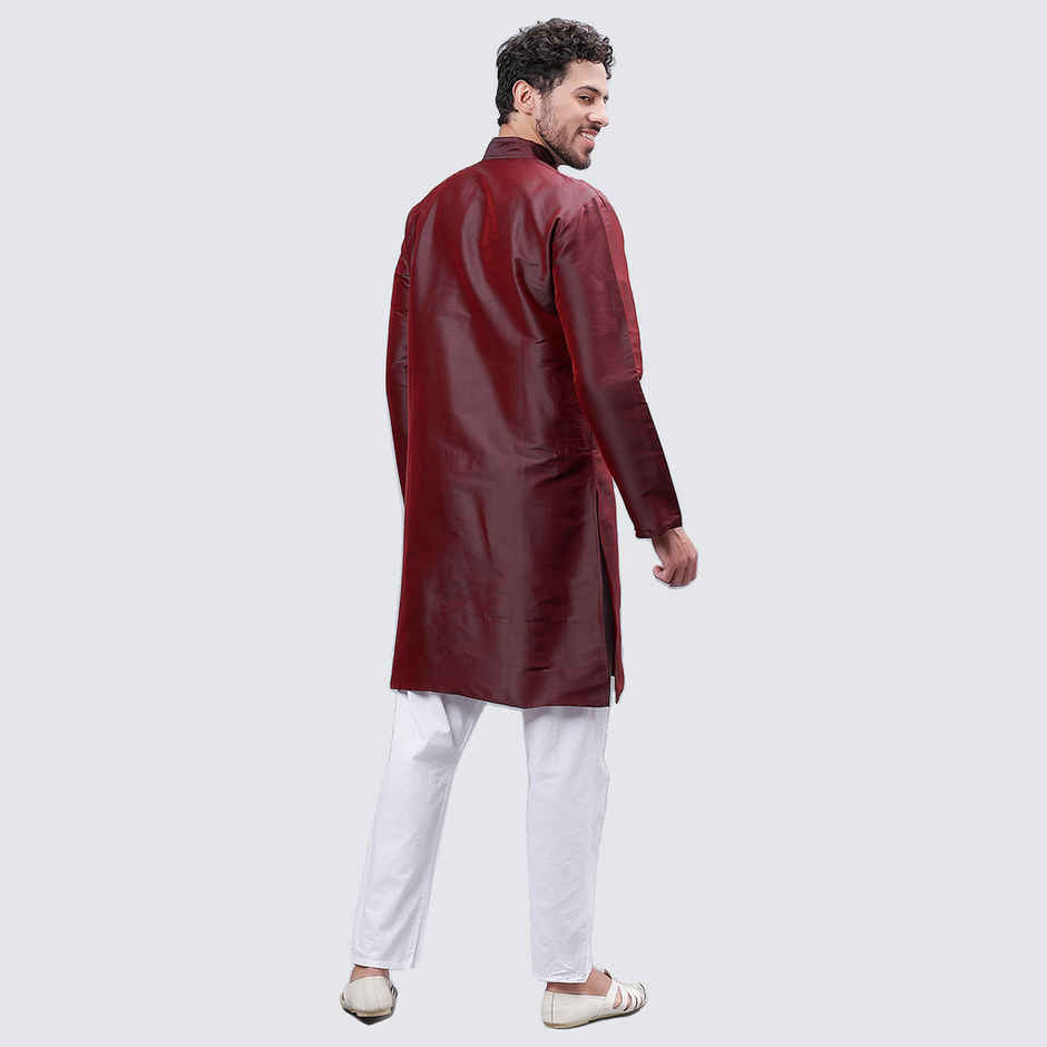 Mad Over Print Men's Silk Blended Kurta | Maroon - S