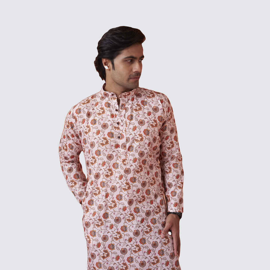 House Of Festivals Men's Printed Cotton Blend Long Kurta | Cream - L