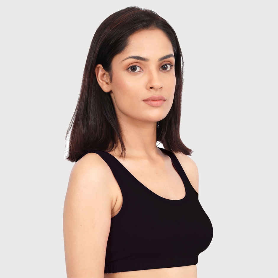 D'Chica Double-Layer Broad Strap Cotton Sports Bra | Non Padded Bra For Women's | Black | L