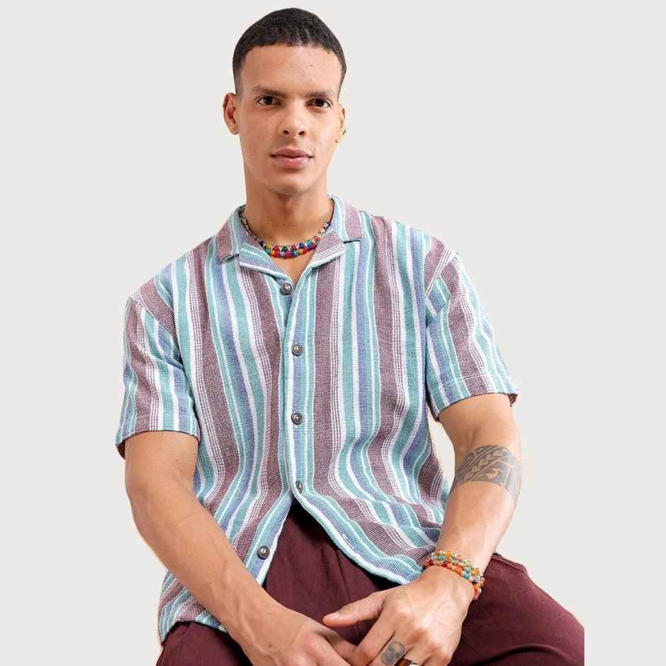 The Indian Garage Co Men's Relaxed Fit Striped Resort Half Sleeve Shirt | Maroon - M