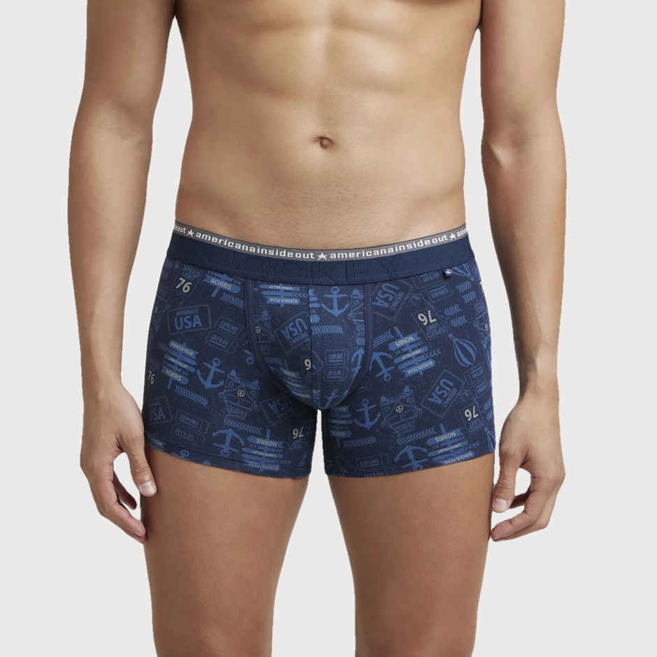 Jockey US63 Men's Super Combed Cotton Elastane Stretch Underwear Printed Trunk|Ultrasoft Waistband | Navy-L
