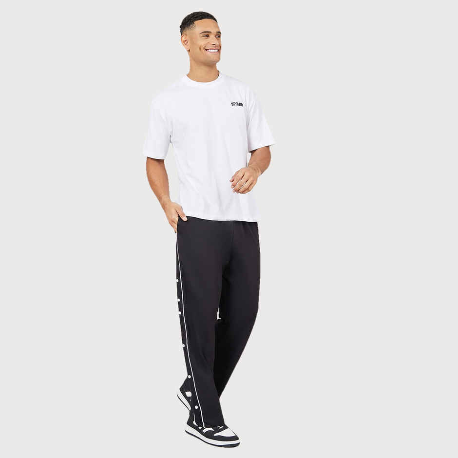 Styli Men's Open Hem Joggers with Contrast Piping and Popper | Black - L