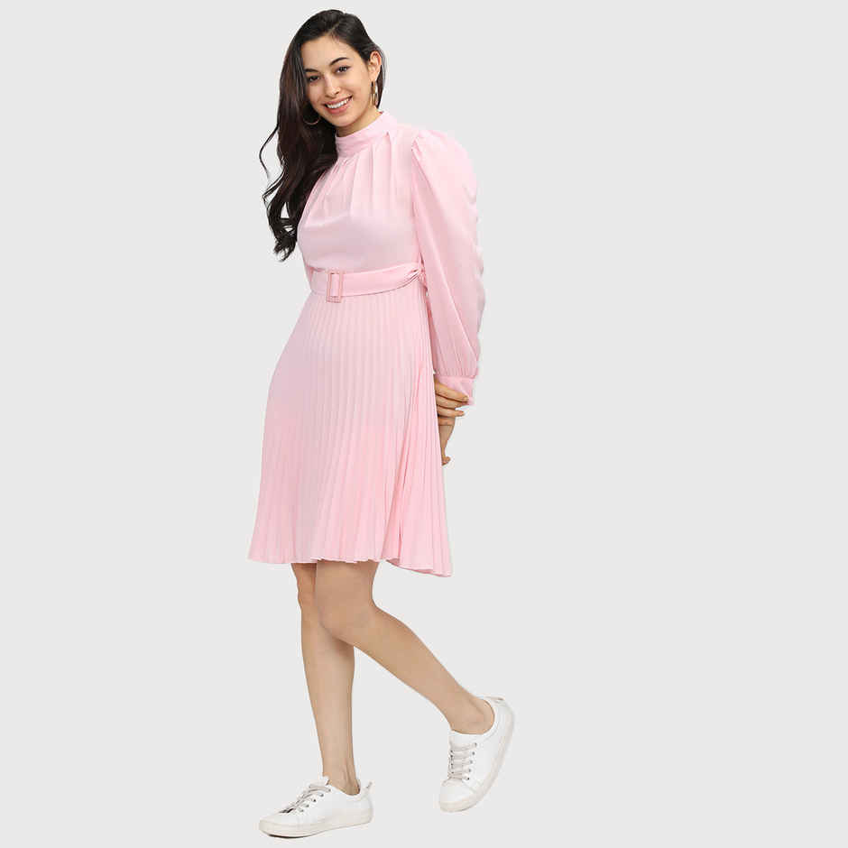 Tokyo Talkies Women's Solid High Neck Fit and Flare Dress | Pink - L
