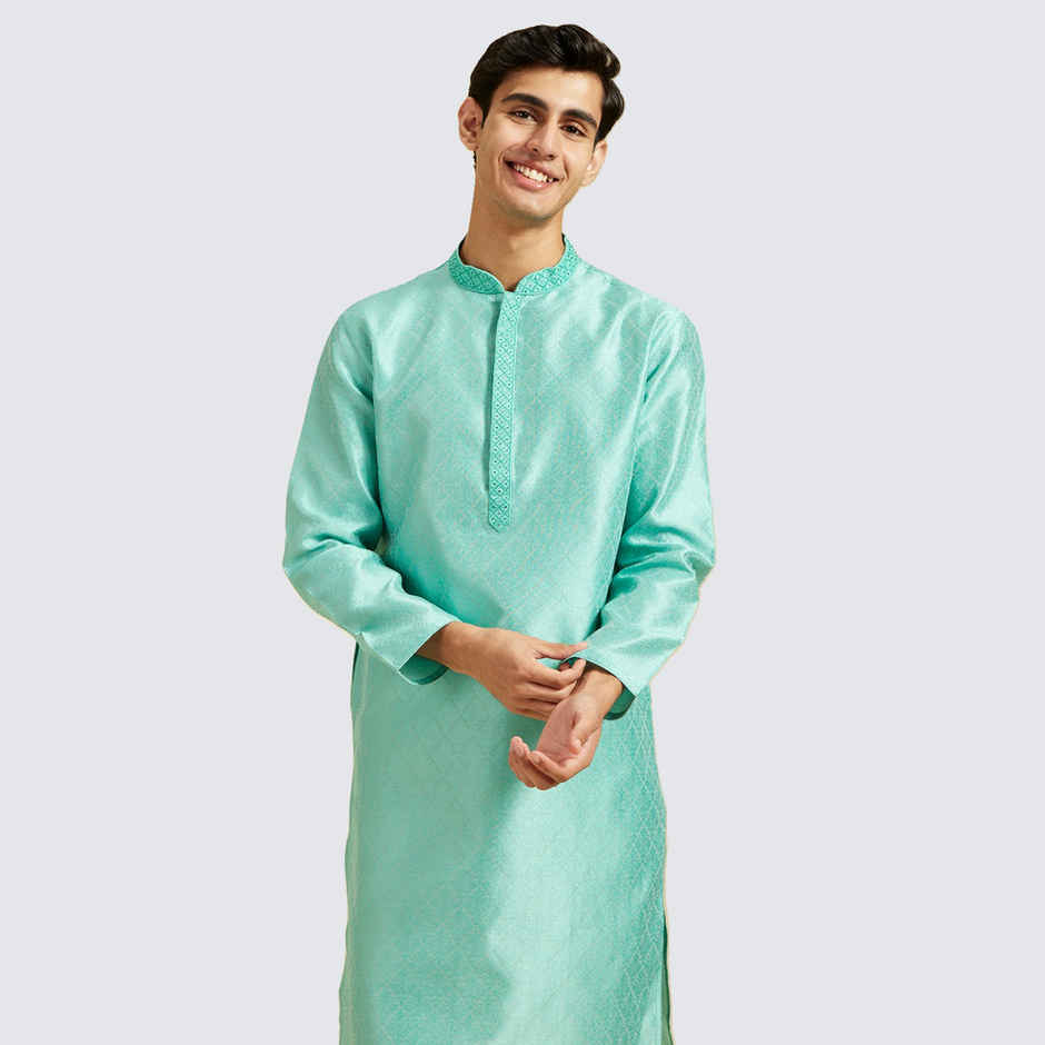 Diwas By Manyavar Green Art Silk Thread Work Self Design Kurta Set | L