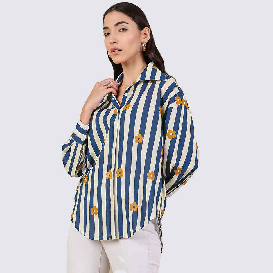 Uptownie Women's Printed Asymmetrical Cotton Shirt | Navy Blue - XL
