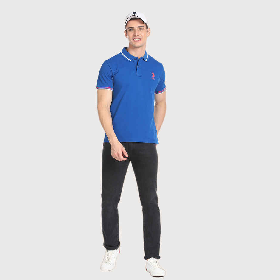 U.S. Polo Assn. Men's Striped Collar Pique Polo Shirt | Blue - S