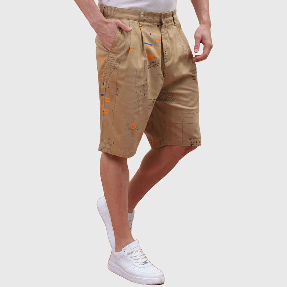 The Indian Garage Co Men s | Relaxed Fit Face Print Casual Pleated Shorts | Beige | 30