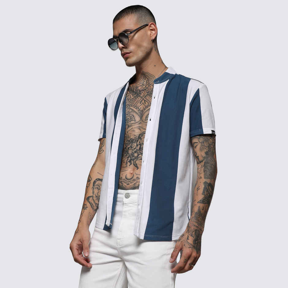 Campus Sutra Men's Striped Cotton Shirt | Blue - S