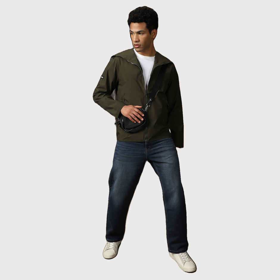 High Star Men's Windcheater Light Winters Hooded Bomber With Badge Detail Jacket | Green - XL