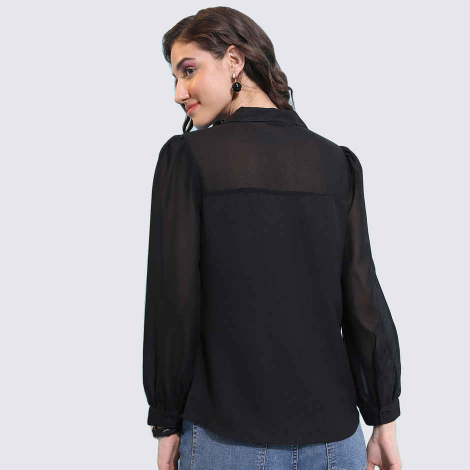 Tokyo Talkies Women's Collar Puff Sleeve Shirt Style Top | Black - L