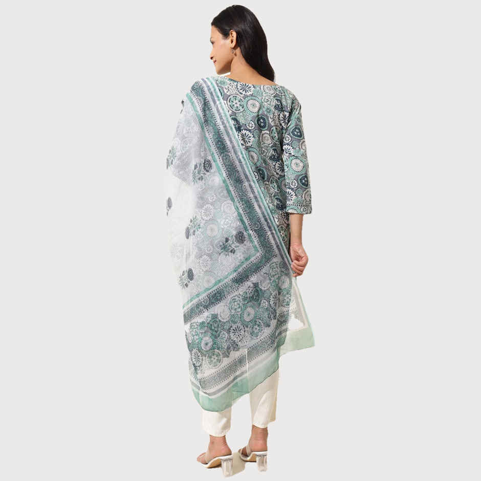 Fabindia Women's Dupatta & Kurta Set Cotton Printed | Blue - XL