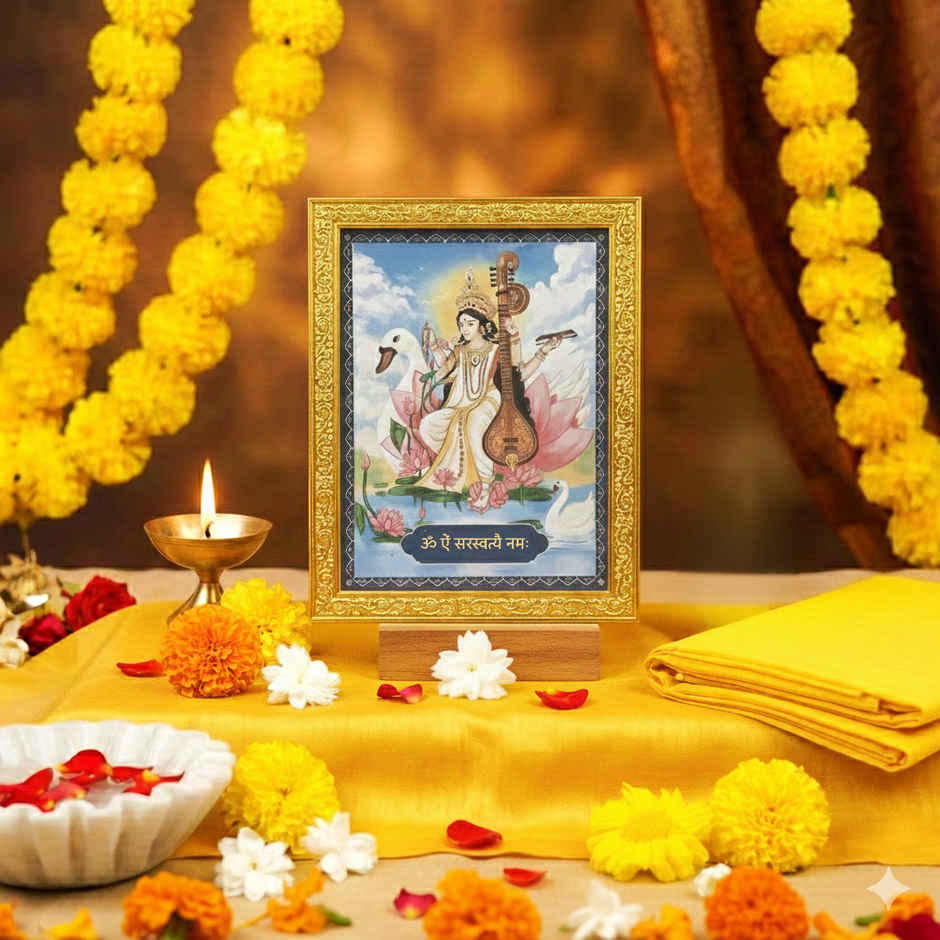 Goddess Saraswati Mata | Golden Photo Frame | 8.5 x 7.5 inch | ServDharm
