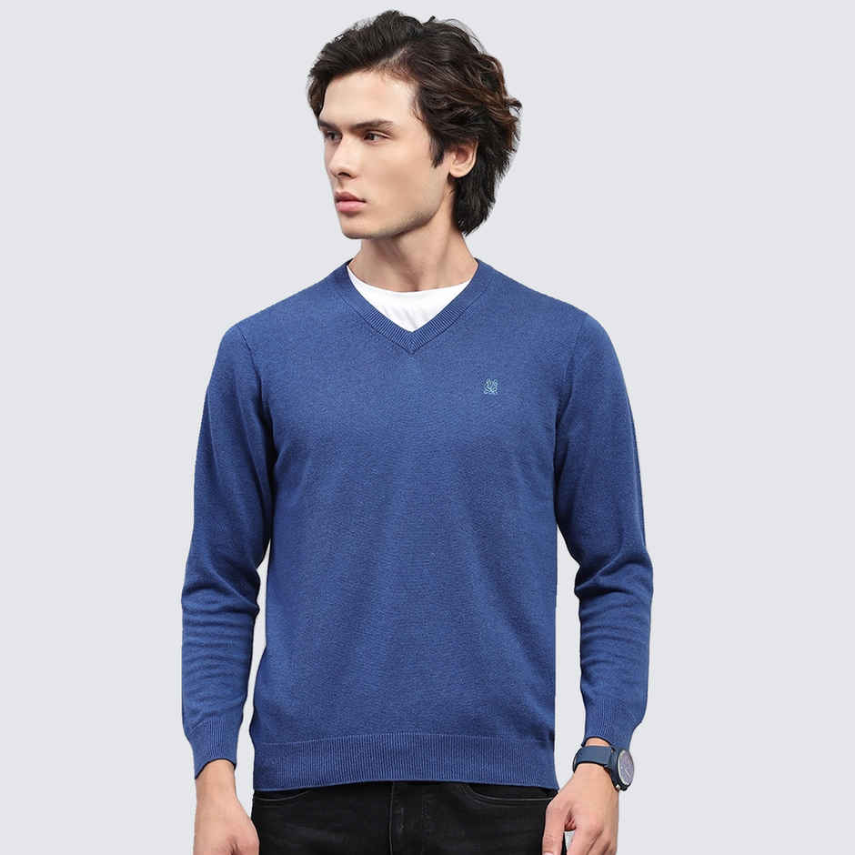 Monte Carlo Mens Blue Solid V Neck Full Sleeve Pullover |1240550Vn-386-40 |L