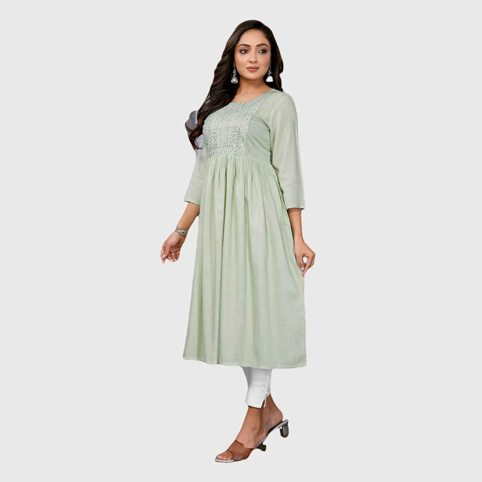 Rangita Women's Rayon Embroidered Flared Calf Length Kurta | Light Green - XL