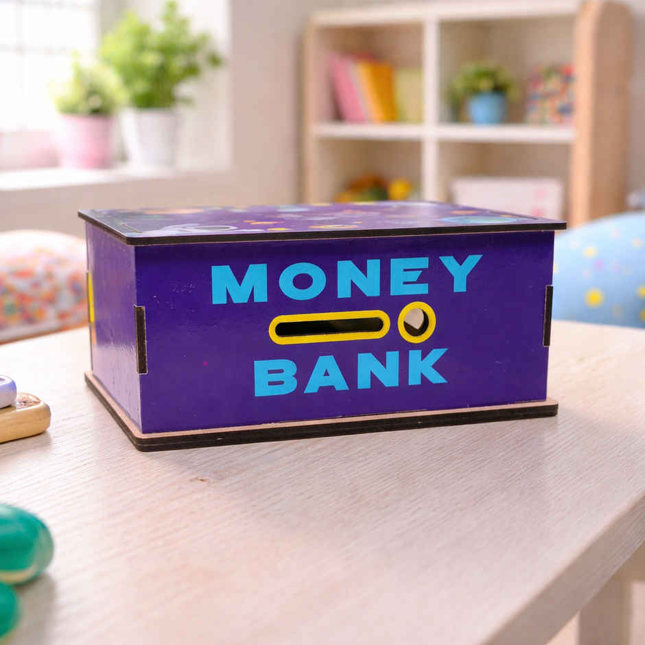 Fablue Space Theme Wooden Money Bank for Kids Blue