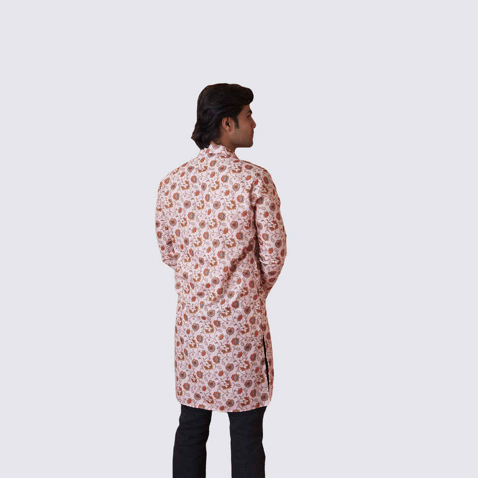 House Of Festivals Men's Printed Cotton Blend Long Kurta | Cream - L