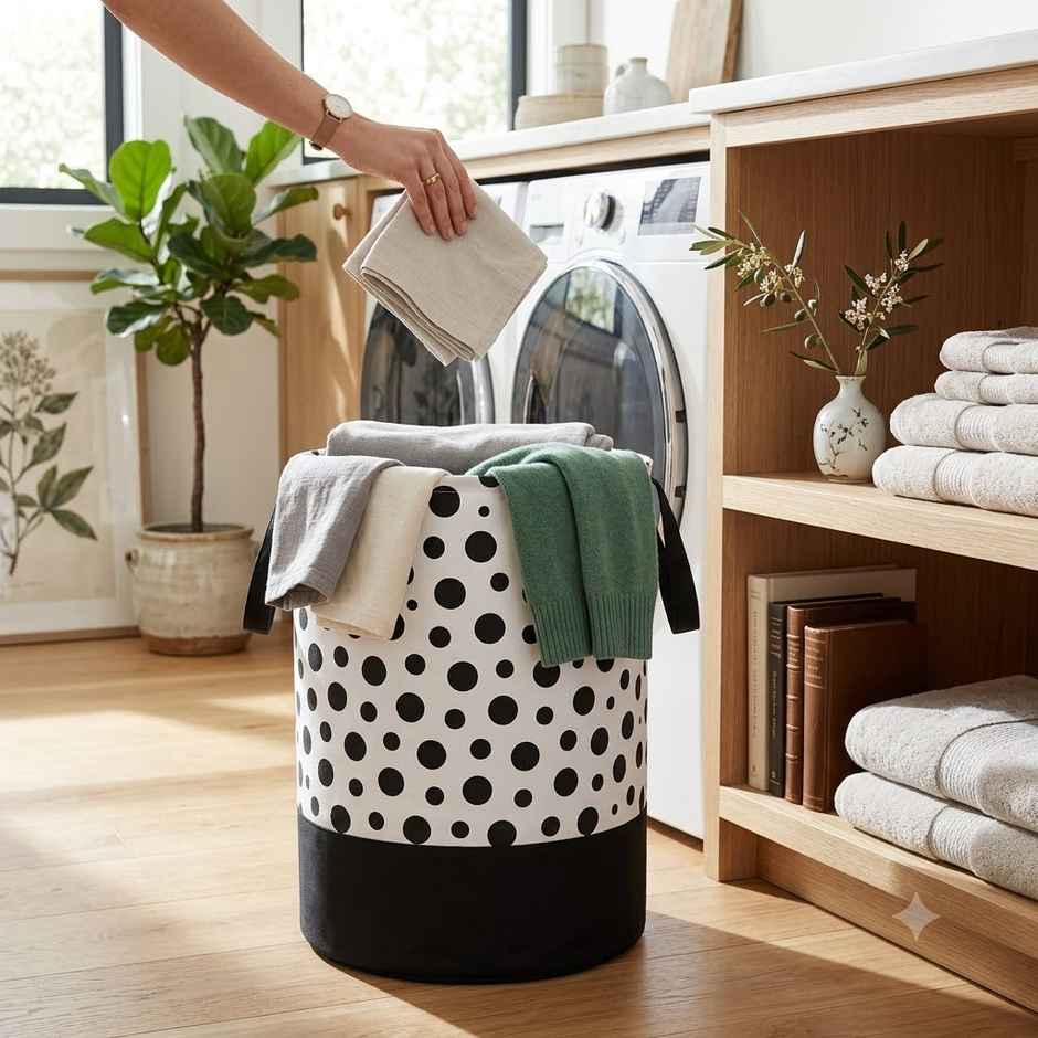 Perpetual Waterproof Laundry Cloth Basket, 45L, Foldable with Handle (Polka Lb)