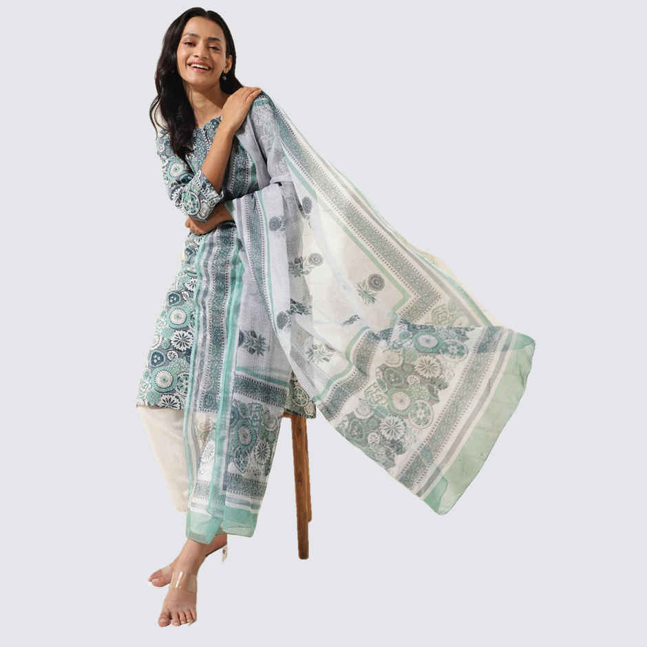 Fabindia Women's Dupatta & Kurta Set Cotton Printed | Blue - XL