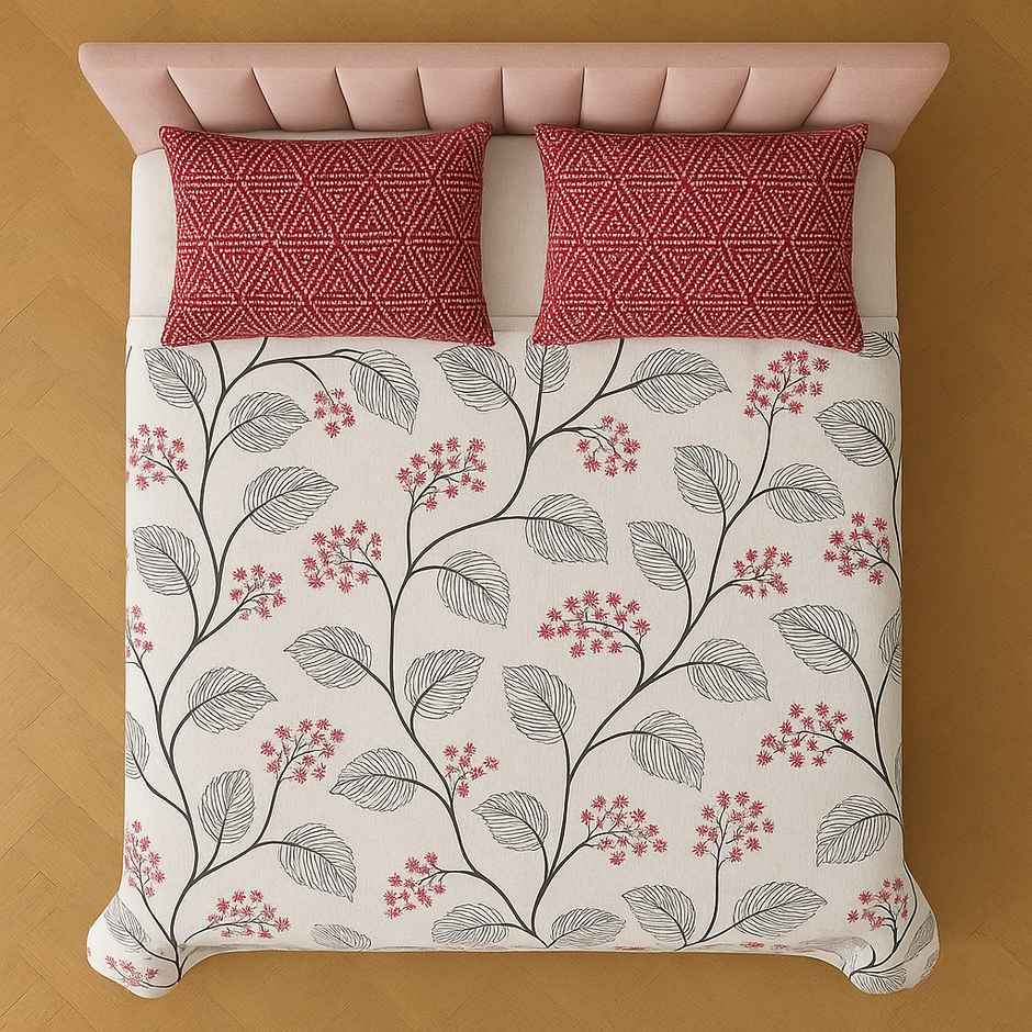 Elegant Weavers Riga Double Floral Bedsheet | With 2 Pillow Covers | Whiet & Pink | 98 x 87 in