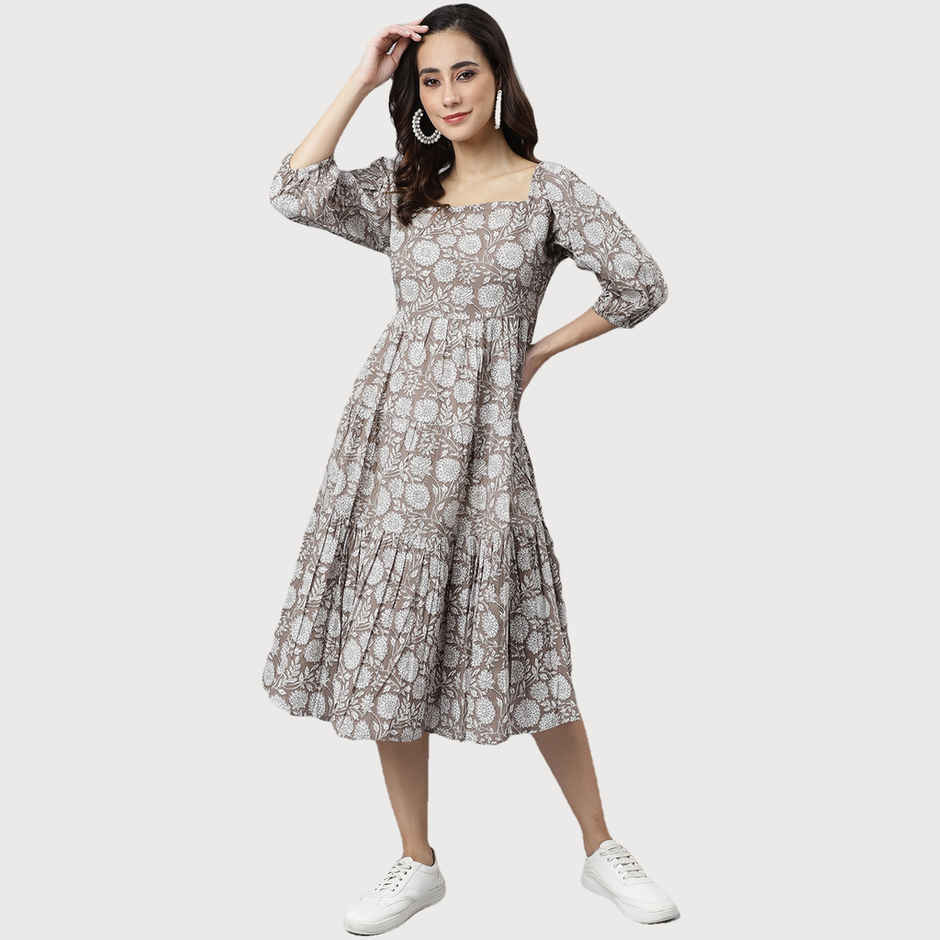 Janasya Women's Grey Pure Cotton Floral Printed Flared Dress - S