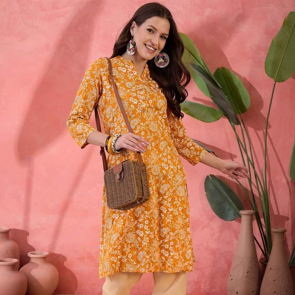 Rangdeep Women s Floral Printed Mandarin Collar Pure Cotton Straight Kurta | Mustard | XL