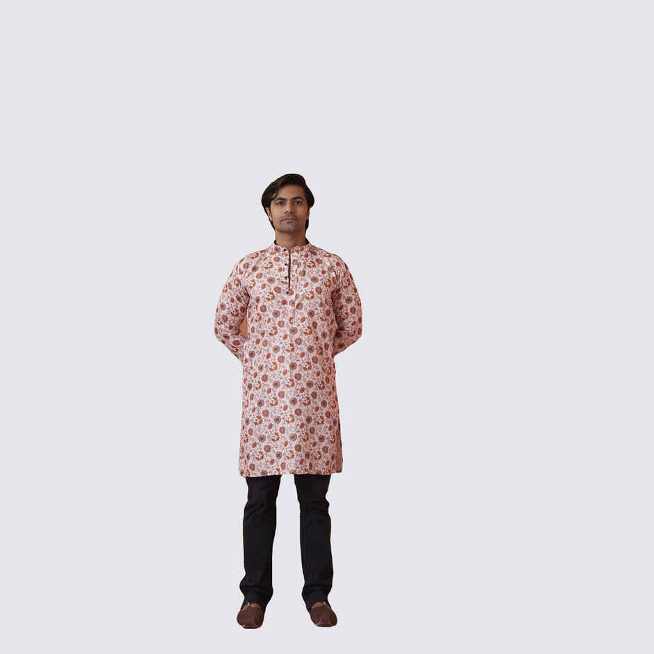 House Of Festivals Men's Printed Cotton Blend Long Kurta | Cream - L