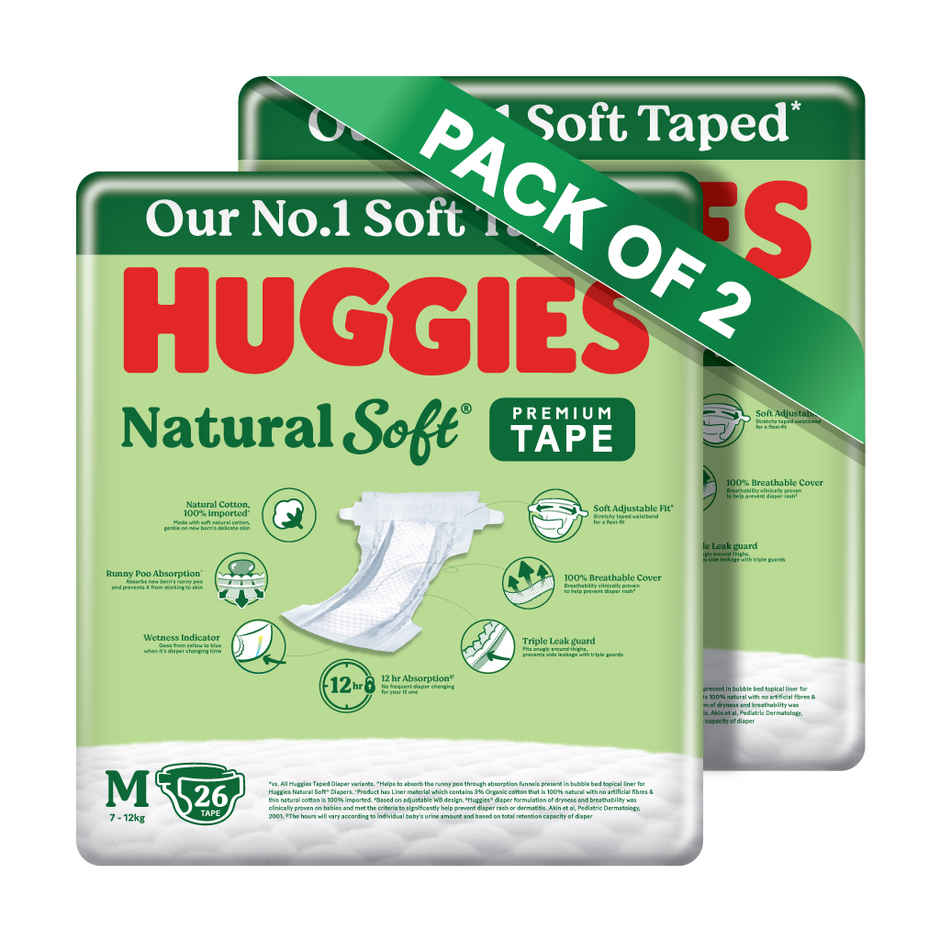 Huggies Natural Soft Premium Tape Diapers | Medium (M) Size | 7 To 12 kg