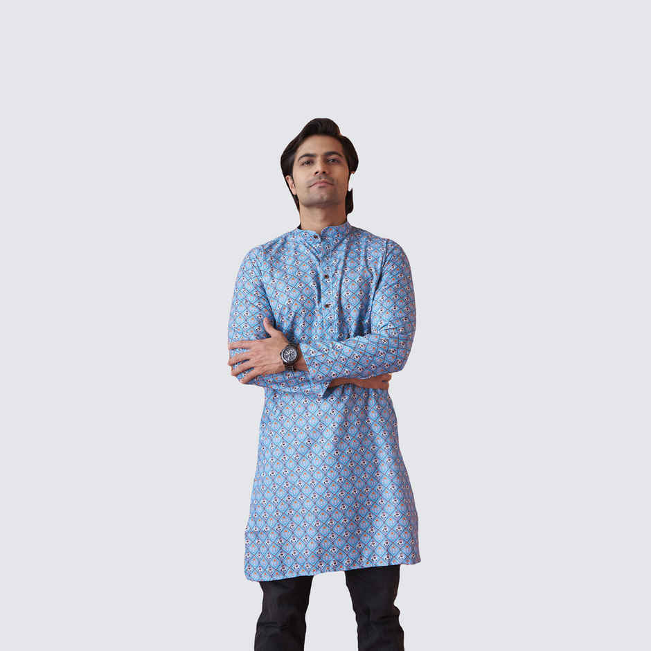 House Of Festivals Men's Printed Cotton Blend Long Kurta | Blue -S