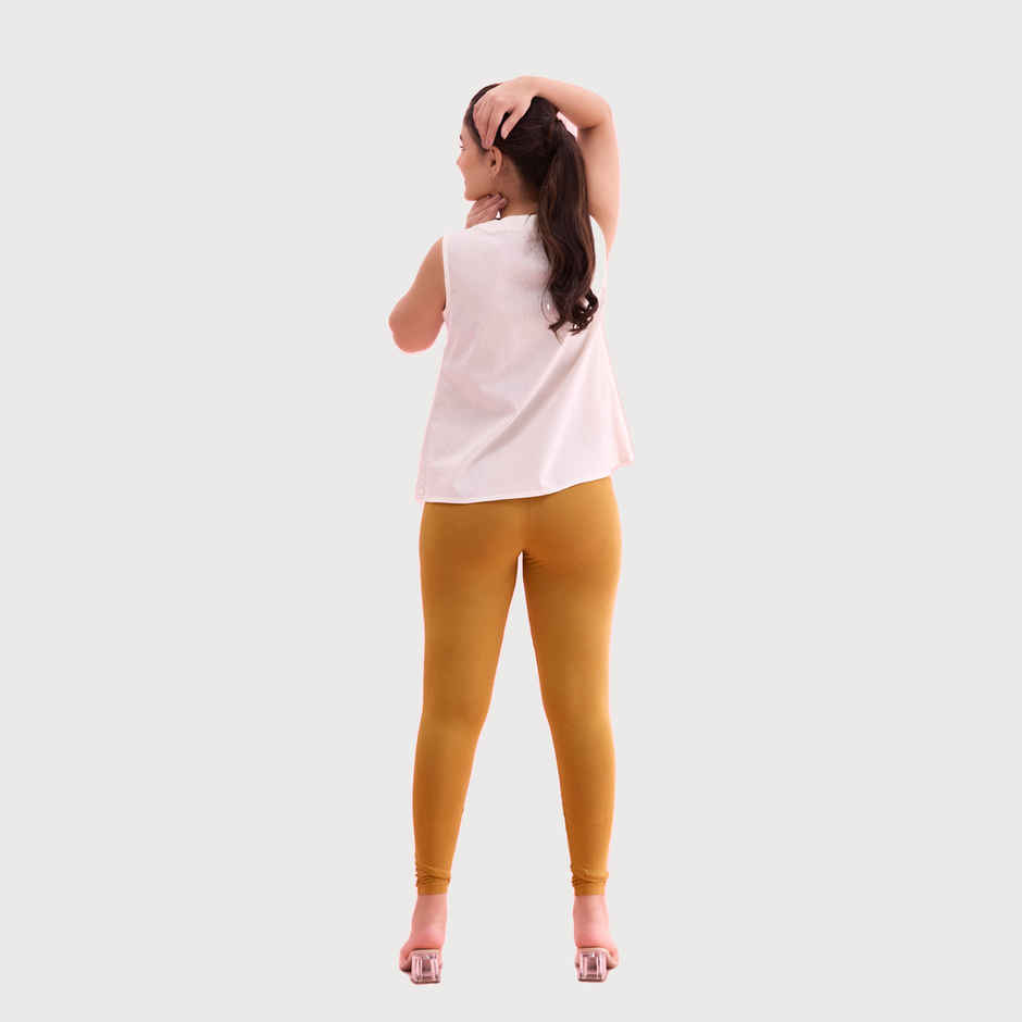 Go Colors Women's Solid Mid Rise Ankle Length Leggings | Mustard - M