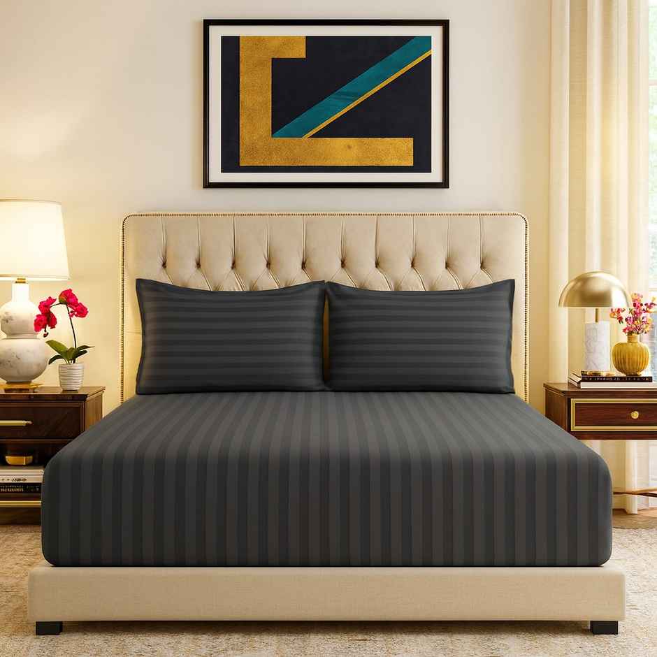 Elegant Weavers Striped Double Bedsheet | With 2 Pillow Covers | Grey | 94 x 87 in