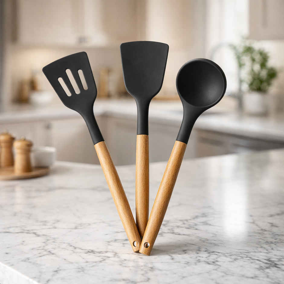 Daluci Silicone Spatula Set | Non Stick Heat Resistant Cooking Utensils | Wooden Handle