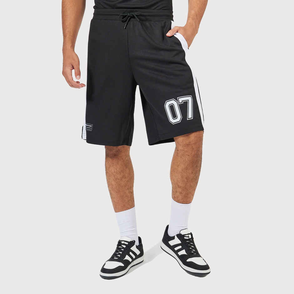 Styli Men's Varsity V Neck T-shirt and Oversized Shorts Co-ords | Black - XL