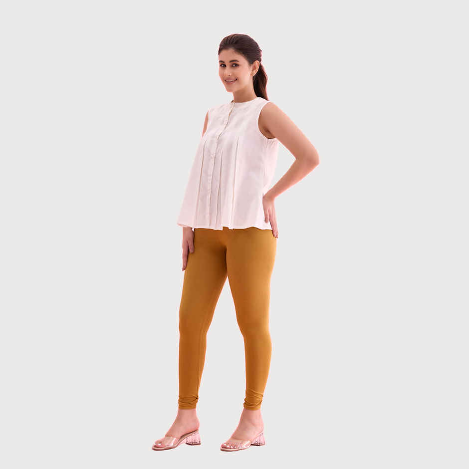 Go Colors Women's Solid Mid Rise Ankle Length Leggings | Mustard - M