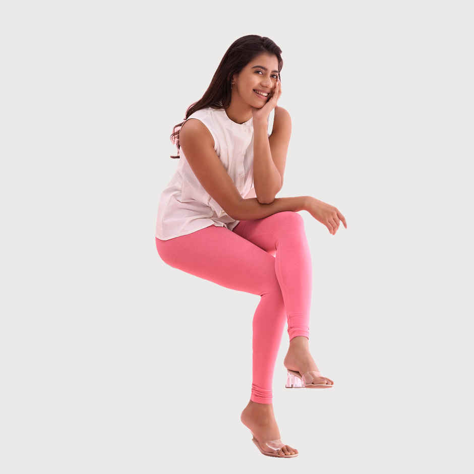 Go Colors Women's Solid Mid Rise Ankle Length Leggings | Young Pink - S