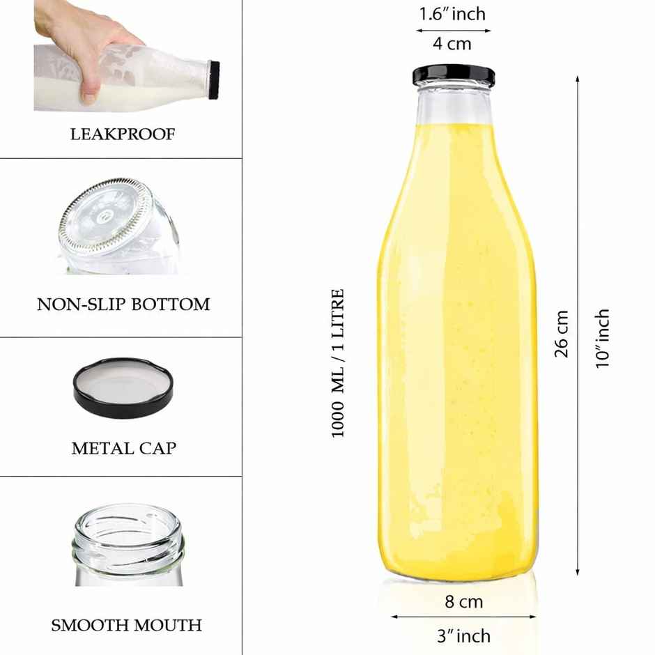 Lazer Glass Bottle | 1 L | Leakproof Airtight for Milk, Juice & Water