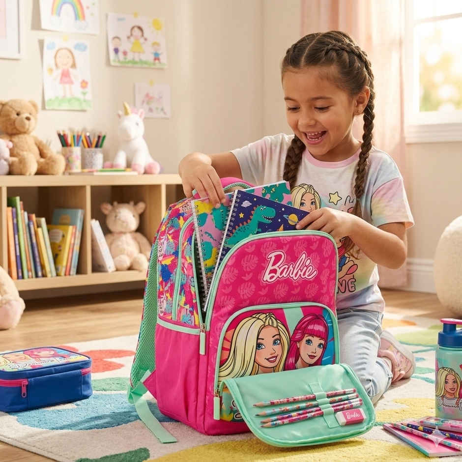 Striders Barbie Stylish School Bag 16 Inch Pink Girls Backpack with Spacious Compartments