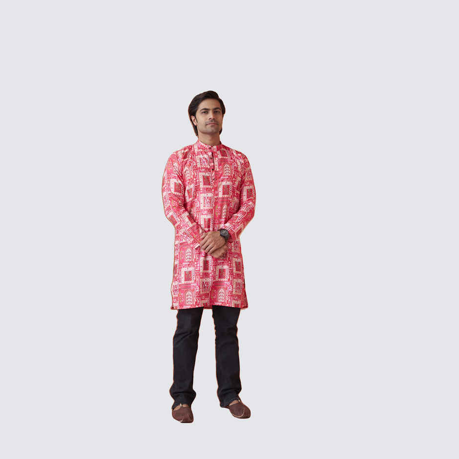 House Of Festivals Men's Printed Cotton Blend Long Kurta | Pink -L