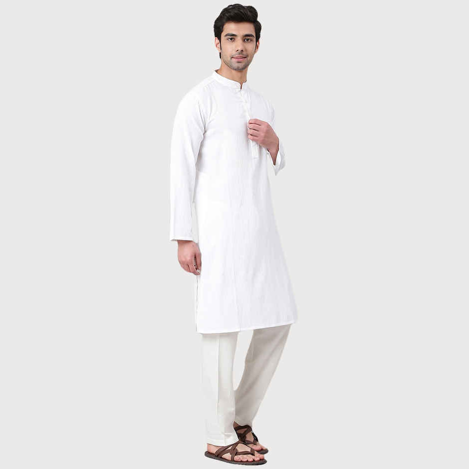 Fabindia Men's Long Kurta Dobby | White - XS