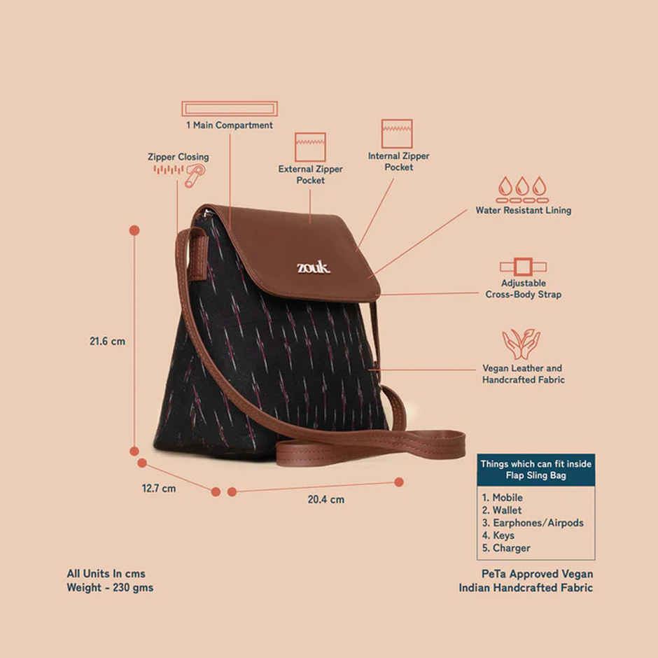 Zouk Women's Woven Vegan Leather and Handcrafted Fabric 5.6 L Sling Bag 