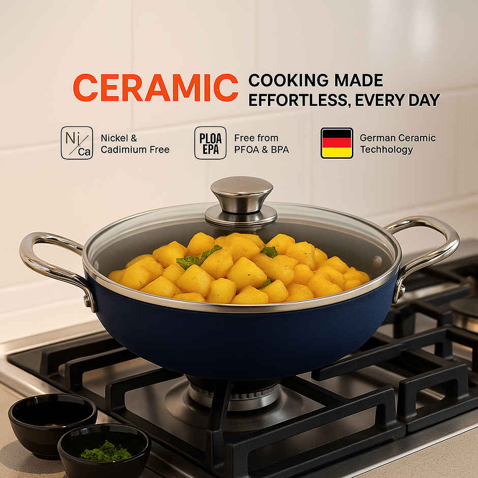 Habitat Ceramic Kadai With Glass Lid Xtreme Coating 24 Cm