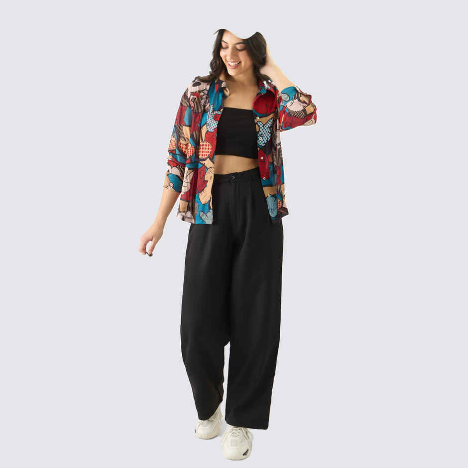 The Souled Store Women's Mesh Shirt Mickey Mouse Abstract Boyfriend Shirt | Multicolor - XL